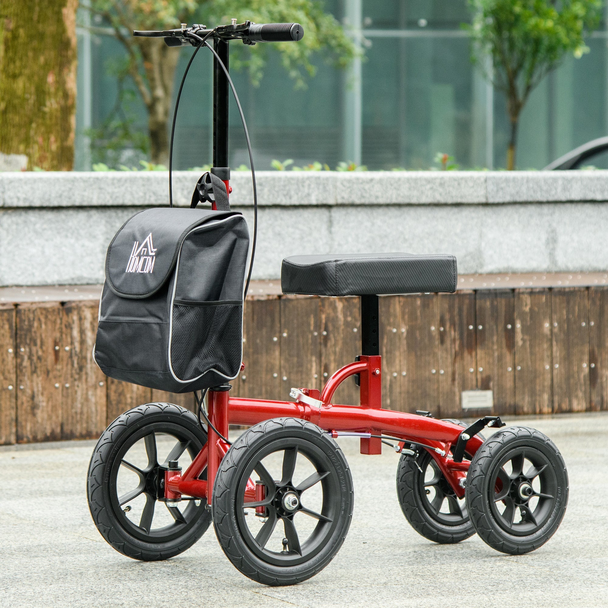 HOMCOM Adjustable Steerable Knee Walker, Foldable Knee Scooter with Rubber Wheels, Dual Brake, Crutch Alternative, Red 