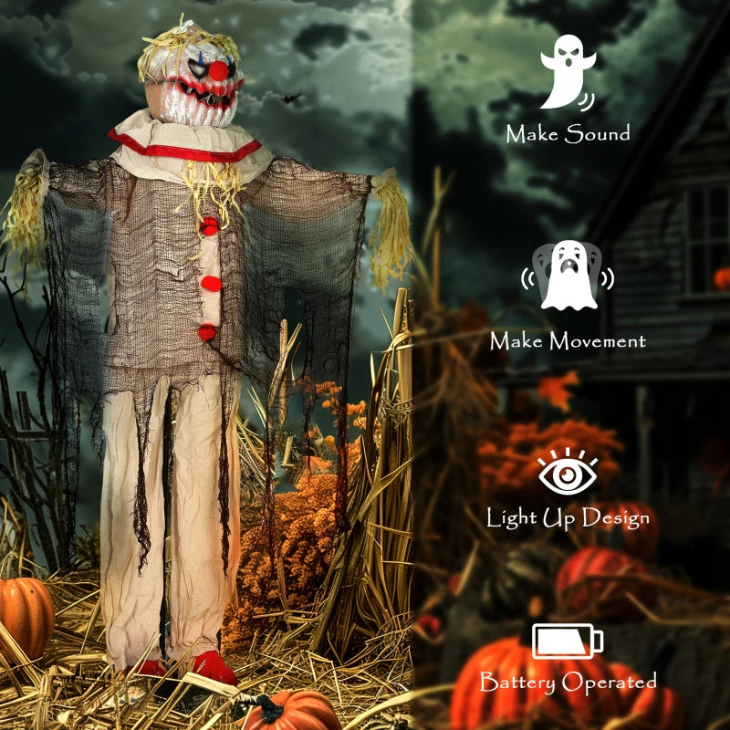 Outsunny 68" Life-Size Animated Pumpkin Clown – LED Eyes, Battery Operated Halloween Prop 