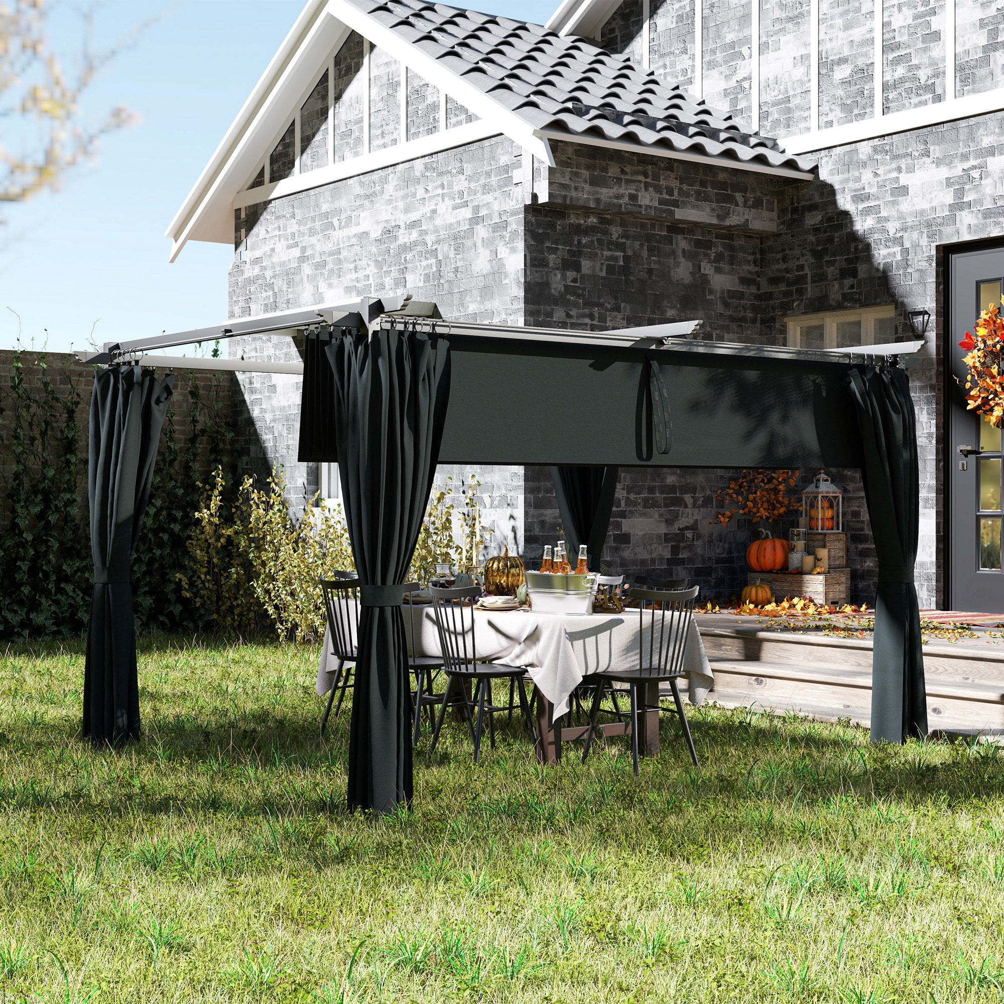 Outsunny 10' x 13' Pergola with Retractable Canopy and Curtains, UPF30+ Sun Shade Shelter for Grill, Garden, Backyard, Deck 