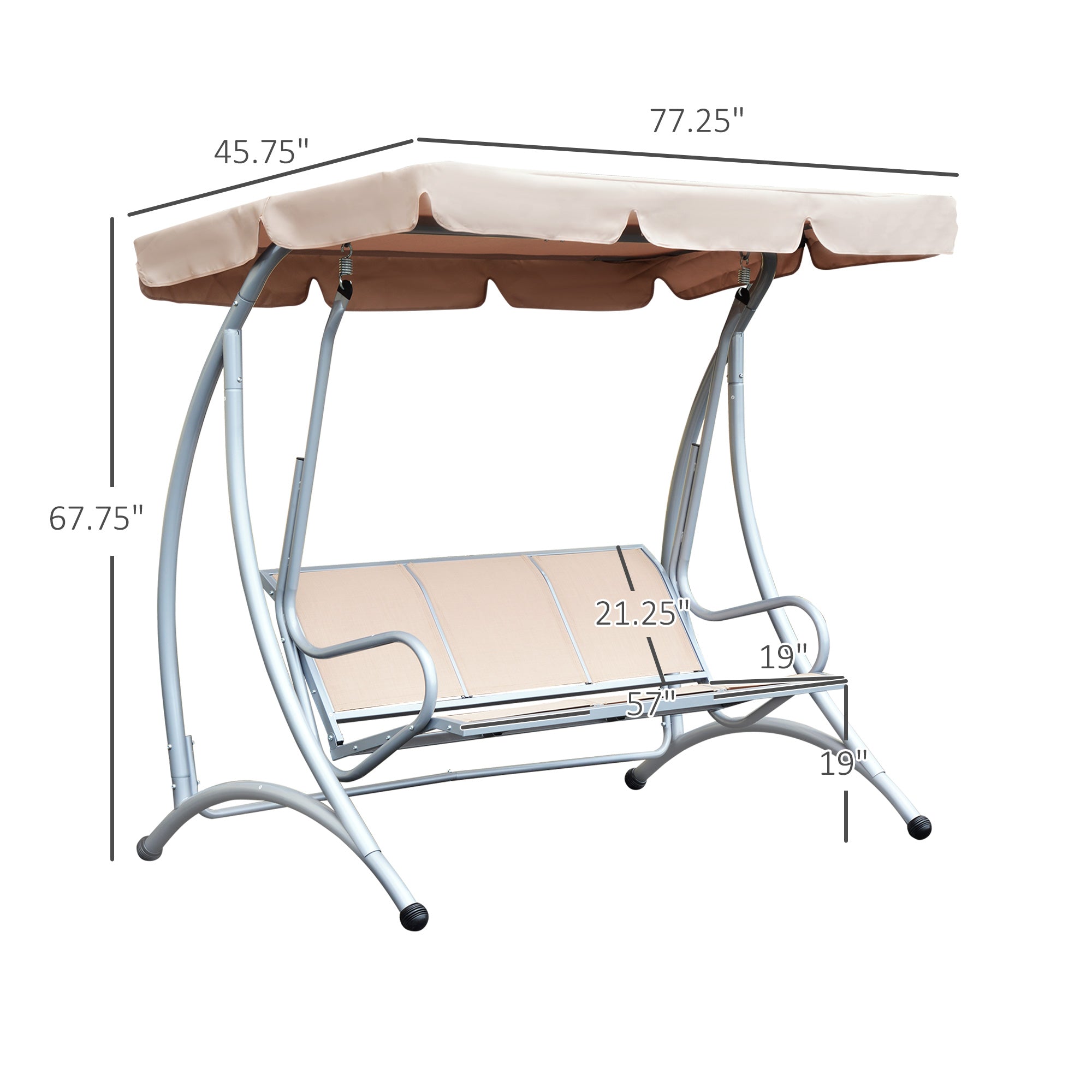 Outsunny 3 Person Patio Swing Seats with Adjustable Canopy Outdoor Swing Chair Bench for Garden, Poolside, Beige 