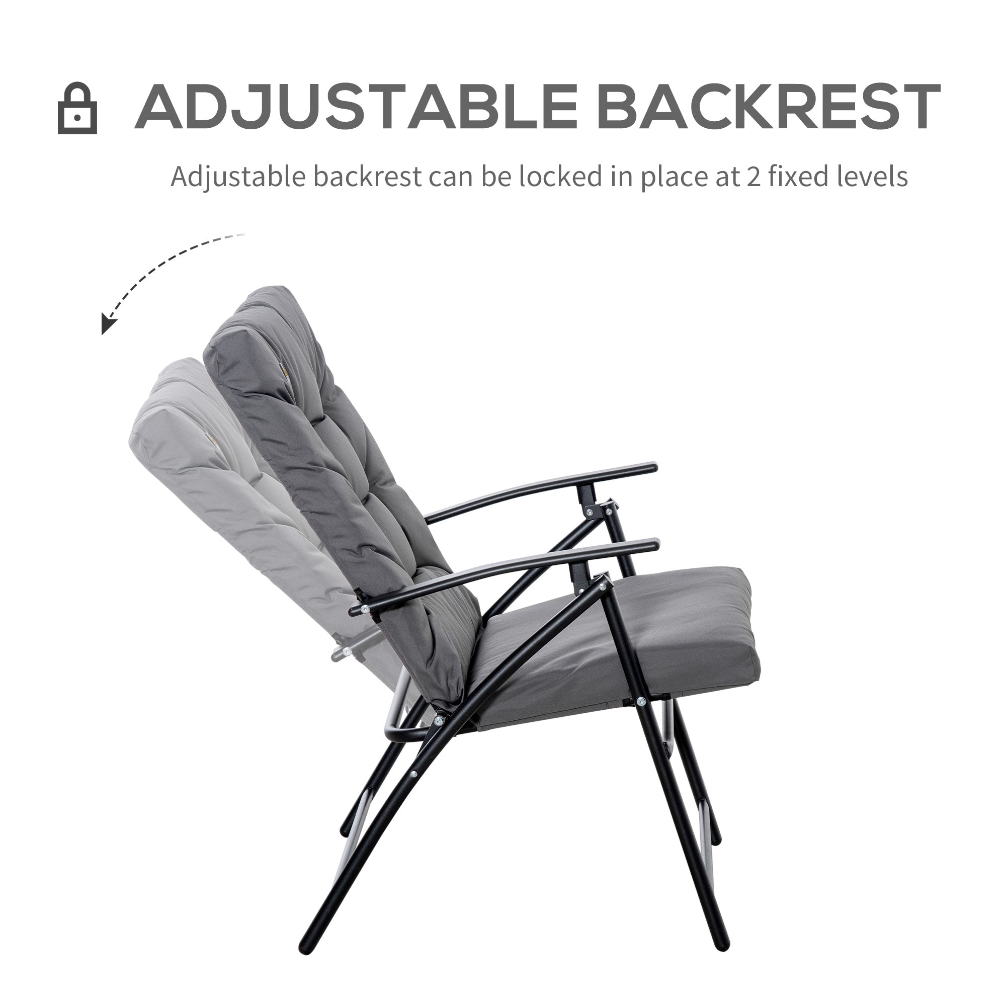 Outsunny Foldable Lounge Chair, Fabric Upholstered Recliner, Outdoor Lounger with Armrest, Metal Frame Camping Beach Chair, Grey 