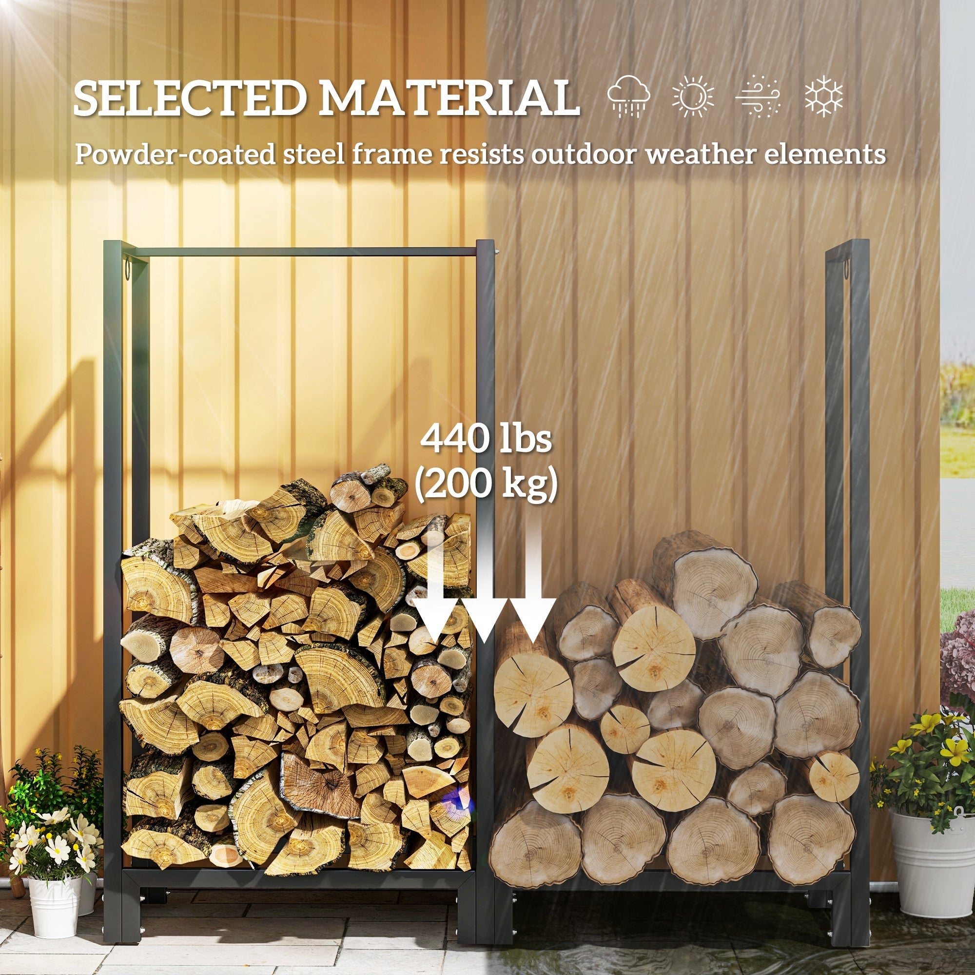 Outsunny 4ft Firewood Rack with Dual Space and Lock Rings, Steel Log Holder for Outdoor Indoor, Black 