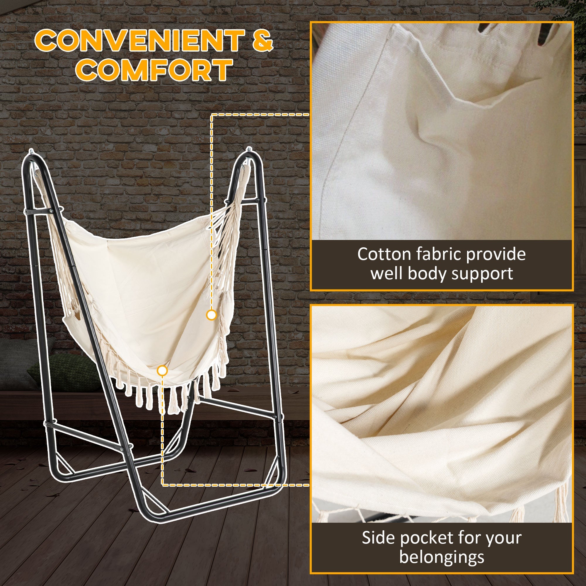 Outsunny Hammock Chair with U Shape Stand, Hammock Swing Chair with A Side Pocket, Cream White 
