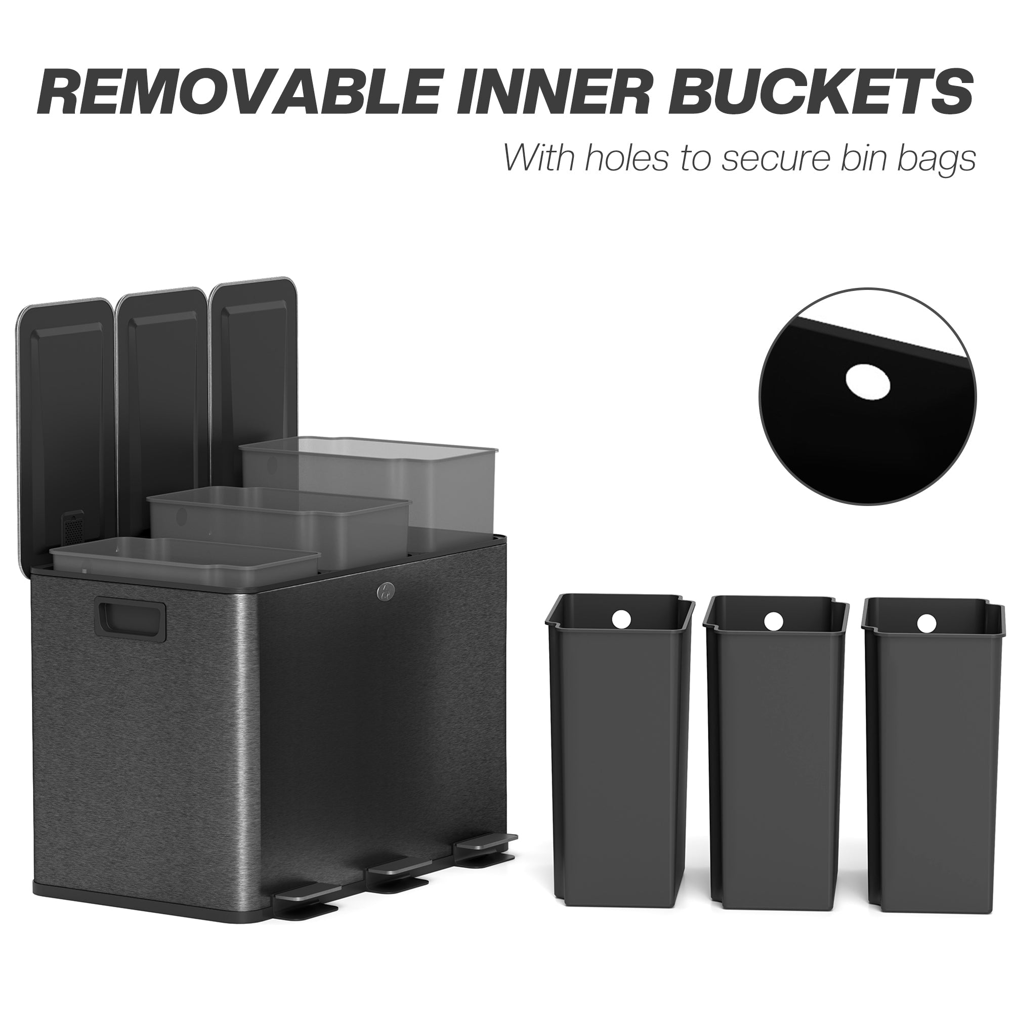 HOMCOM Triple Garbage Bin, Soft-Close Trash Can with Foot Pedal, 3 x 20 Liter Garbage Can with Removable Inner Buckets, Black 