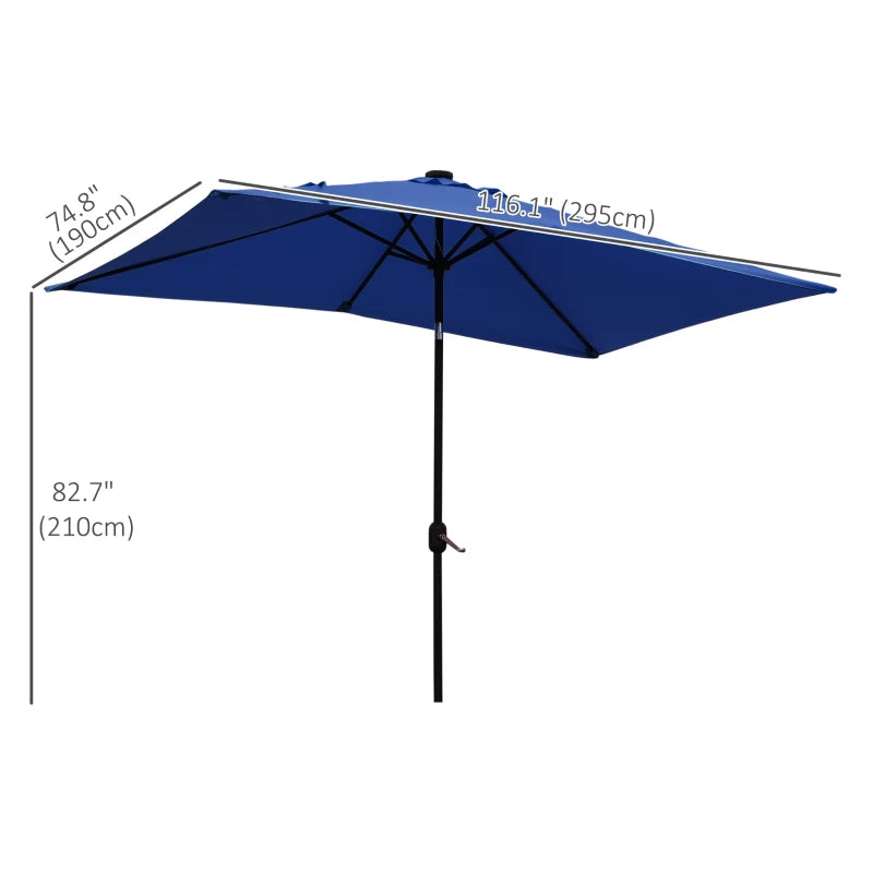 6' x 10' Patio Umbrella with 22 LED Solar Lights and Tilt, Rectangular Outdoor Table Umbrella with Crank, Dark Blue