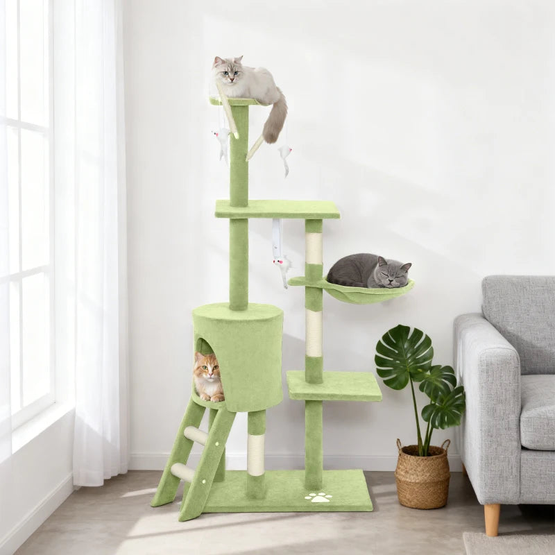 53" Cat Tree Tower, Kitten Activity Centre with Scratching Posts, Condo, Perches, Ladder, Hammock, Dangling Toys, Green