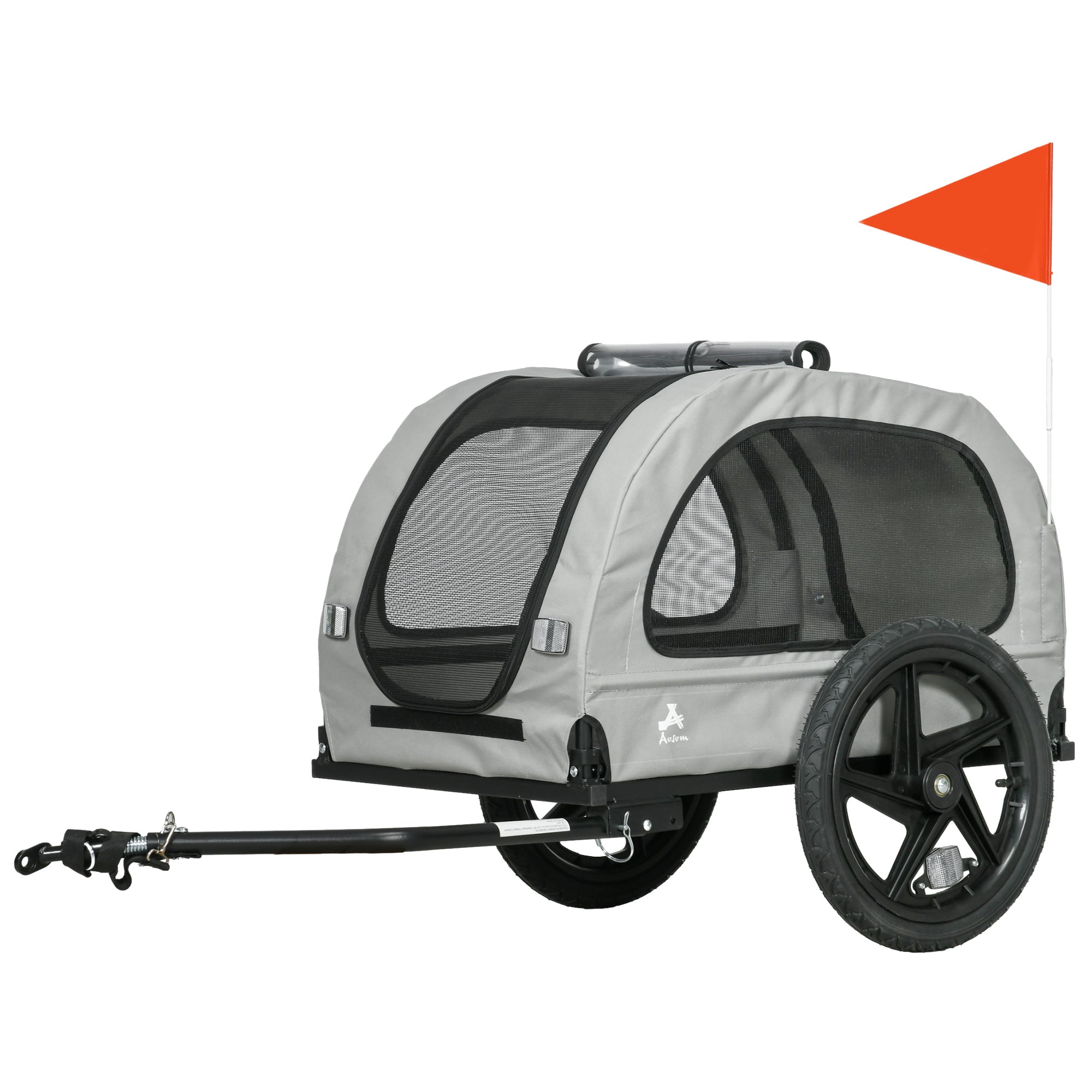 Aosom Dog Bike Trailer with Mesh Windows, Safety Leash, Safety Flag, Front/Rear Doors, for Medium Dogs Travel, Light Grey 