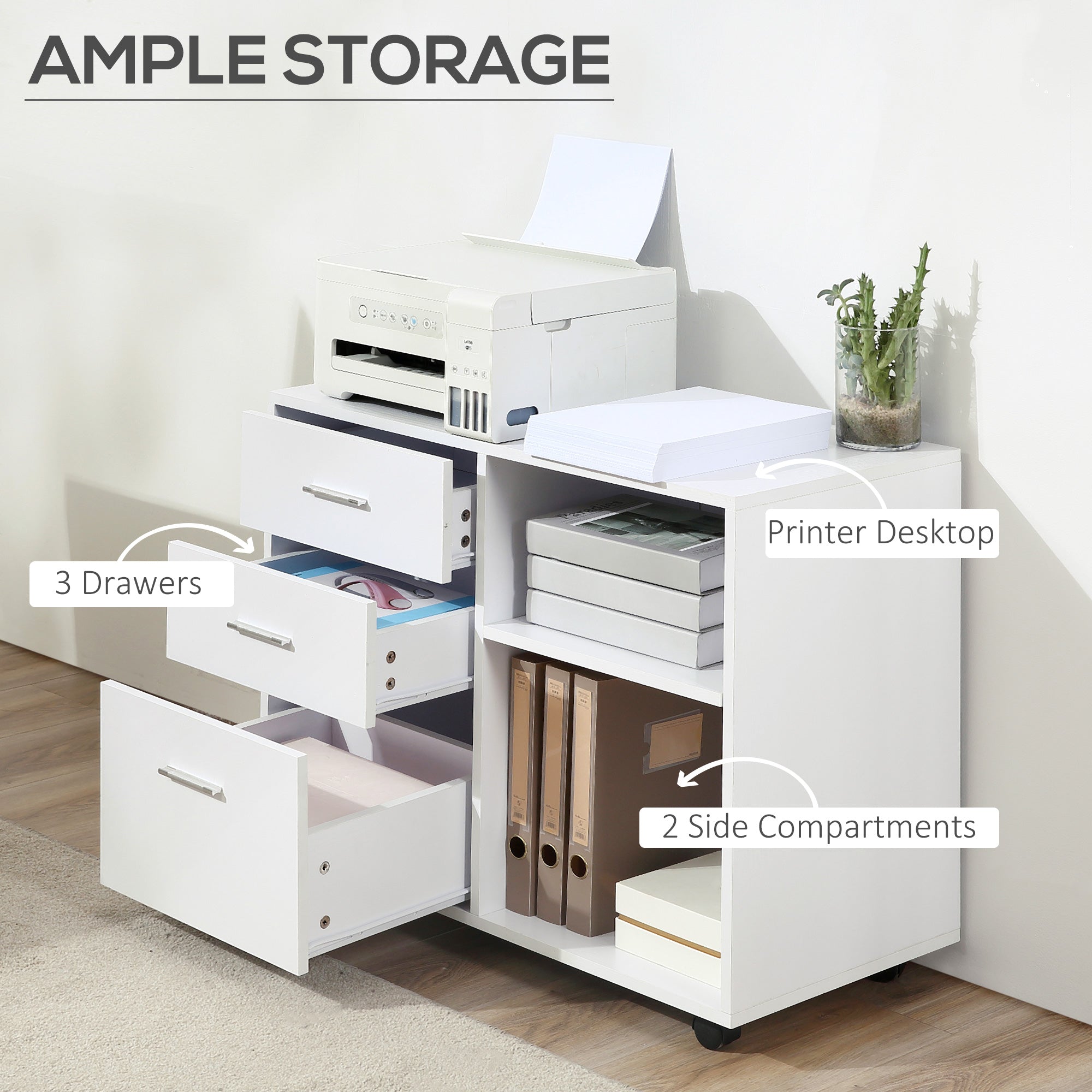 HOMCOM Mobile Printer Stand: Storage Space, 3 Drawers, Shelves, Home Office, White, Rolling Cabinet 