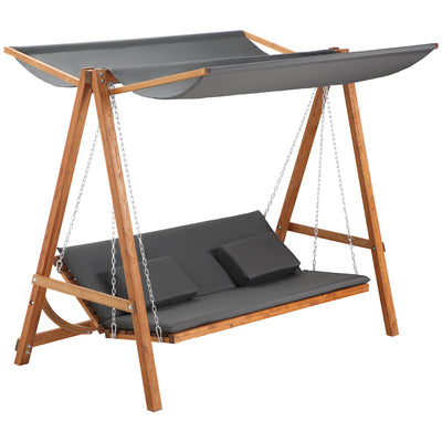 Outsunny 3 Seater Patio Swing Chair Convertible Cushioned Porch Swing Bed with Canopy, Wood Frame for Outdoor, Backyard, Garden 