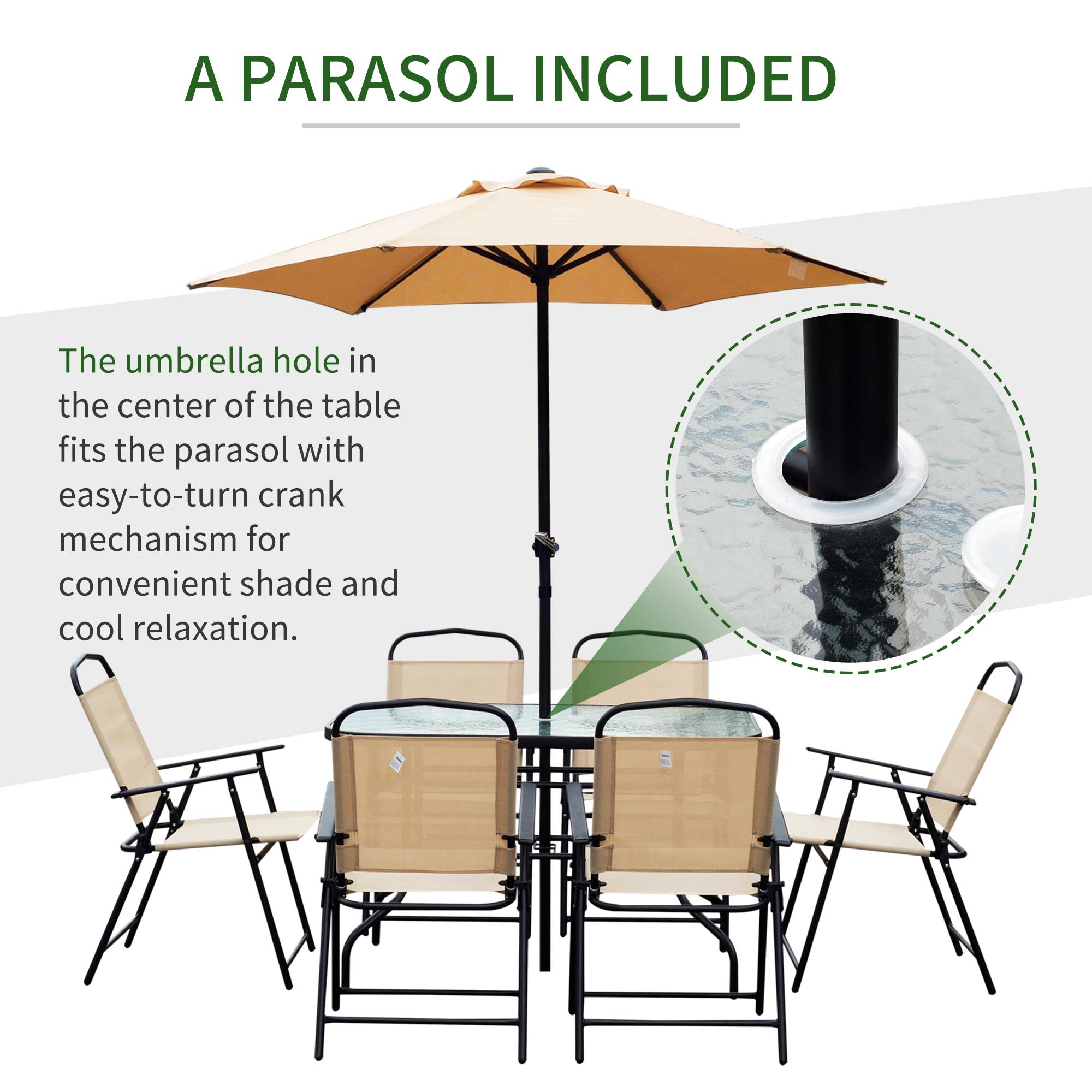Outsunny 8pc Patio Garden Texteline Dining Set Outdoor Bistro Furniture 6 Folding Chairs with Table and Umbrella Beige 