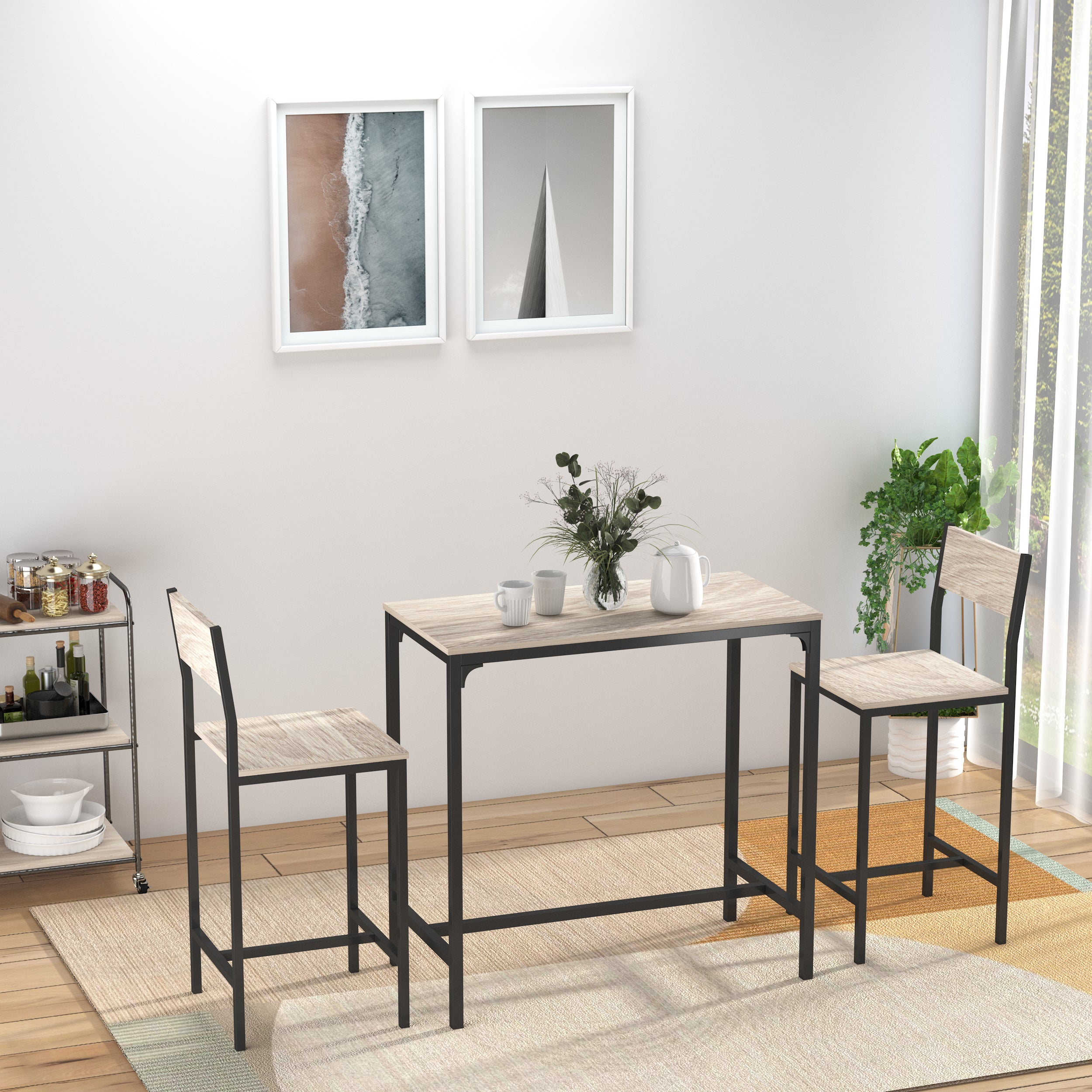 HOMCOM Industrial 3 Piece Dining Set Counter Height Table and High Back Stools for Small Spaces 