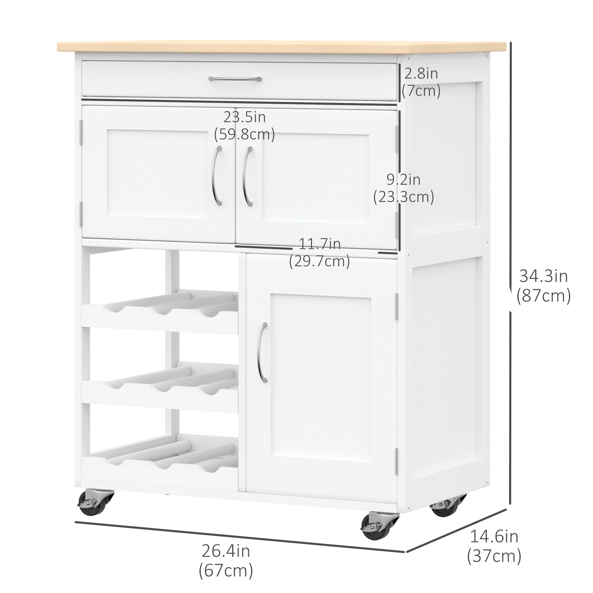 HOMCOM Kitchen Island on Wheels with Storage Drawer 9-bottle Wine Rack Cabinet Wooden Countertop White Rolling Cart 