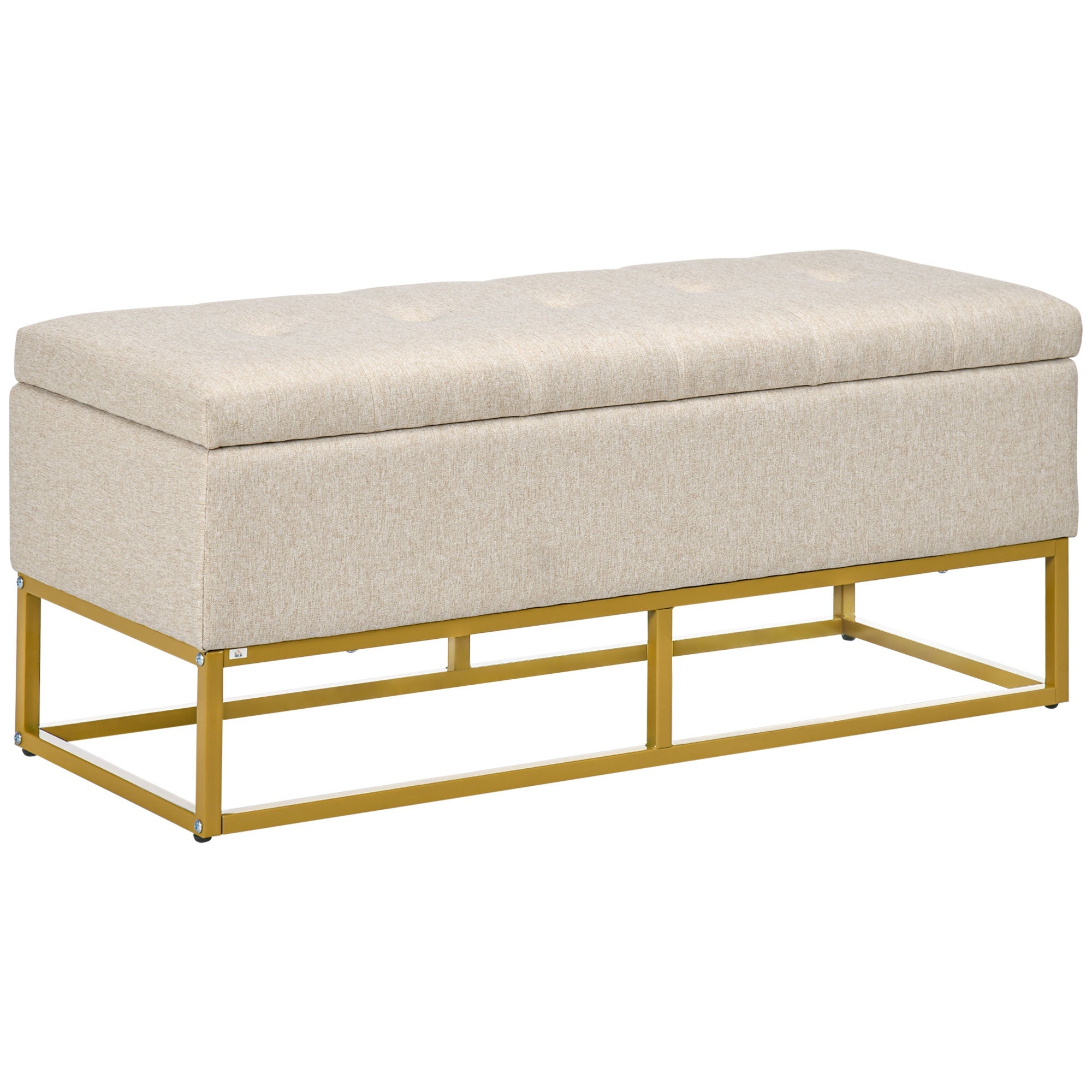 HOMCOM Linen Luxury: Upholstered Storage Bench with Steel Legs, Beige Fabric Ottoman for Bedroom, Living Room Seating 