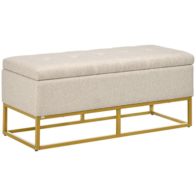 HOMCOM Linen Luxury: Upholstered Storage Bench with Steel Legs, Beige Fabric Ottoman for Bedroom, Living Room Seating 