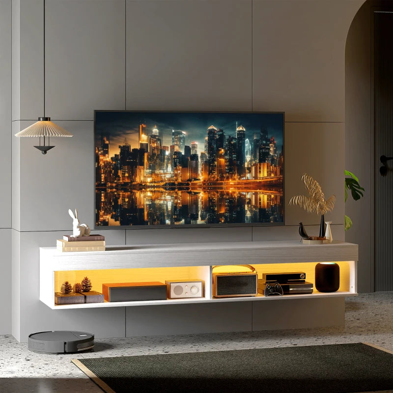 Modern Wall Mounted TV Stand with Storage and LED Lights for TVs up to 75", Floating TV Shelf for Living Room, White