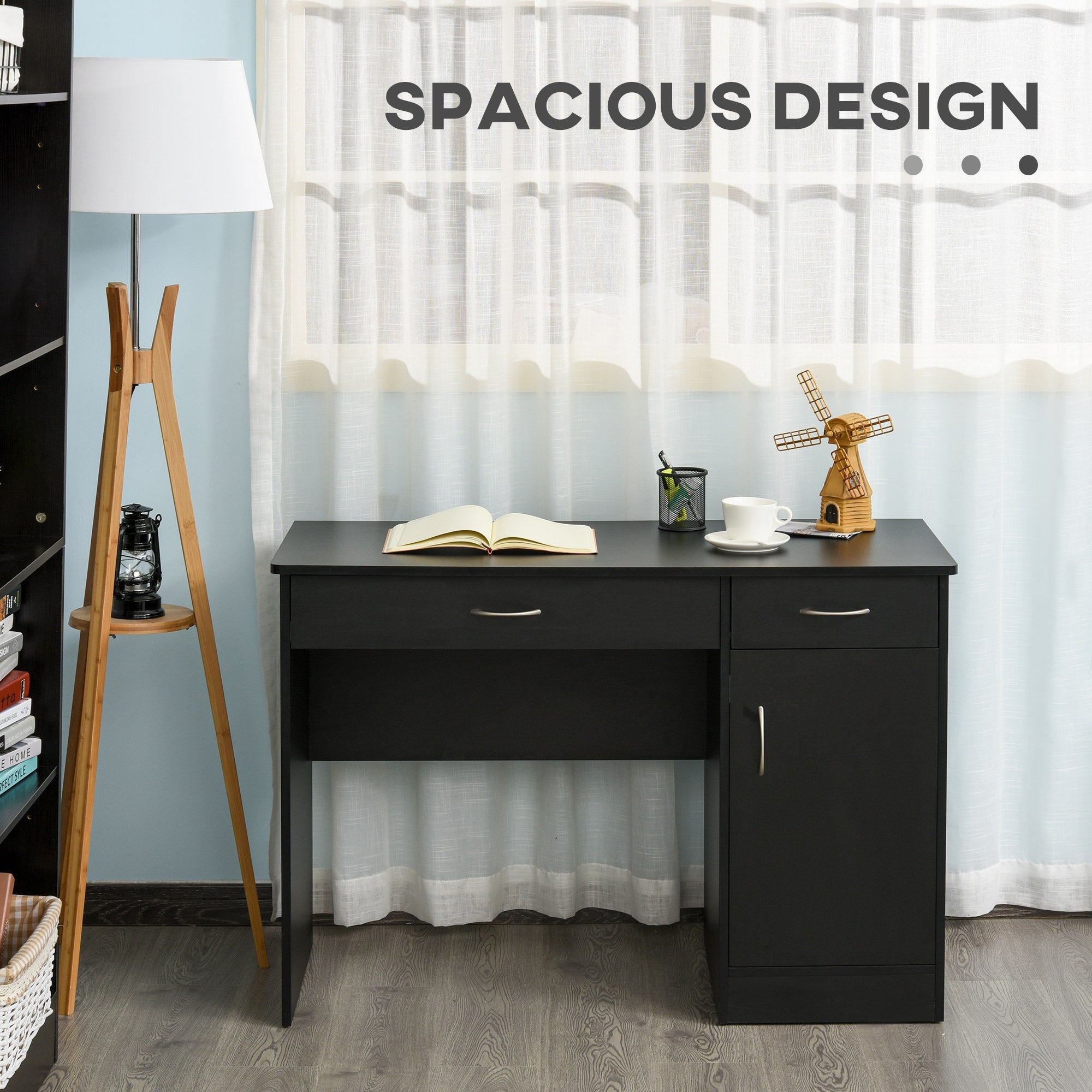 HOMCOM Computer Desk with Drawers Cabinet Adjustable Shelf Home Office Bedroom Compact Workstation Space Saving Design Black 