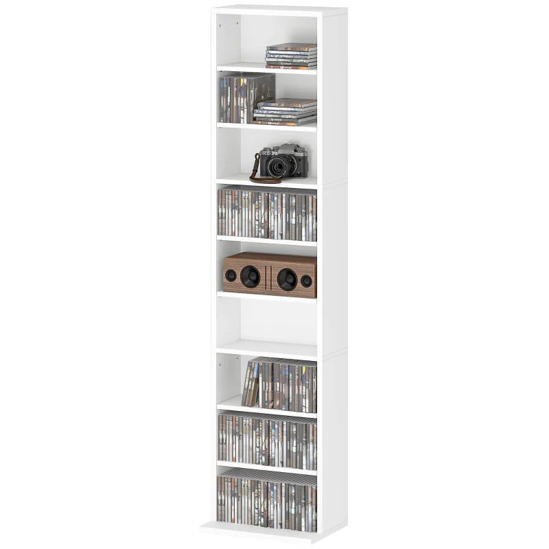 Media Storage Cabinet, 9-Tier Tall Narrow DVD Shelf with 6 Adjustable Shelves, White