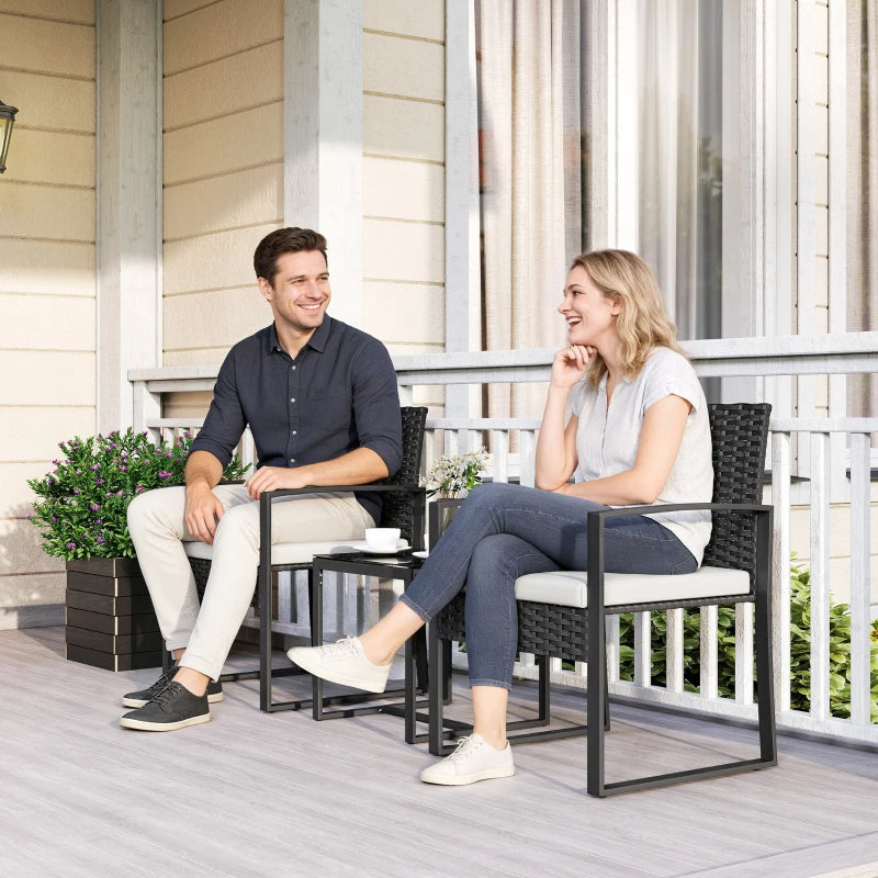 Outdoor Bistro Set, 3 Piece Wicker Patio Furniture Set with Glass Top Table and Cushions for Porch, Balcony, Cream White