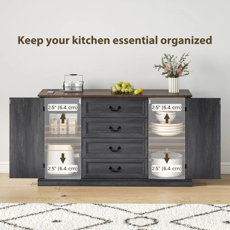 Farmhouse Sideboard with Charging Station, 58" Buffet Cabinet, Kitchen Storage Cabinet with 4 Drawers, 2 Doors, Black