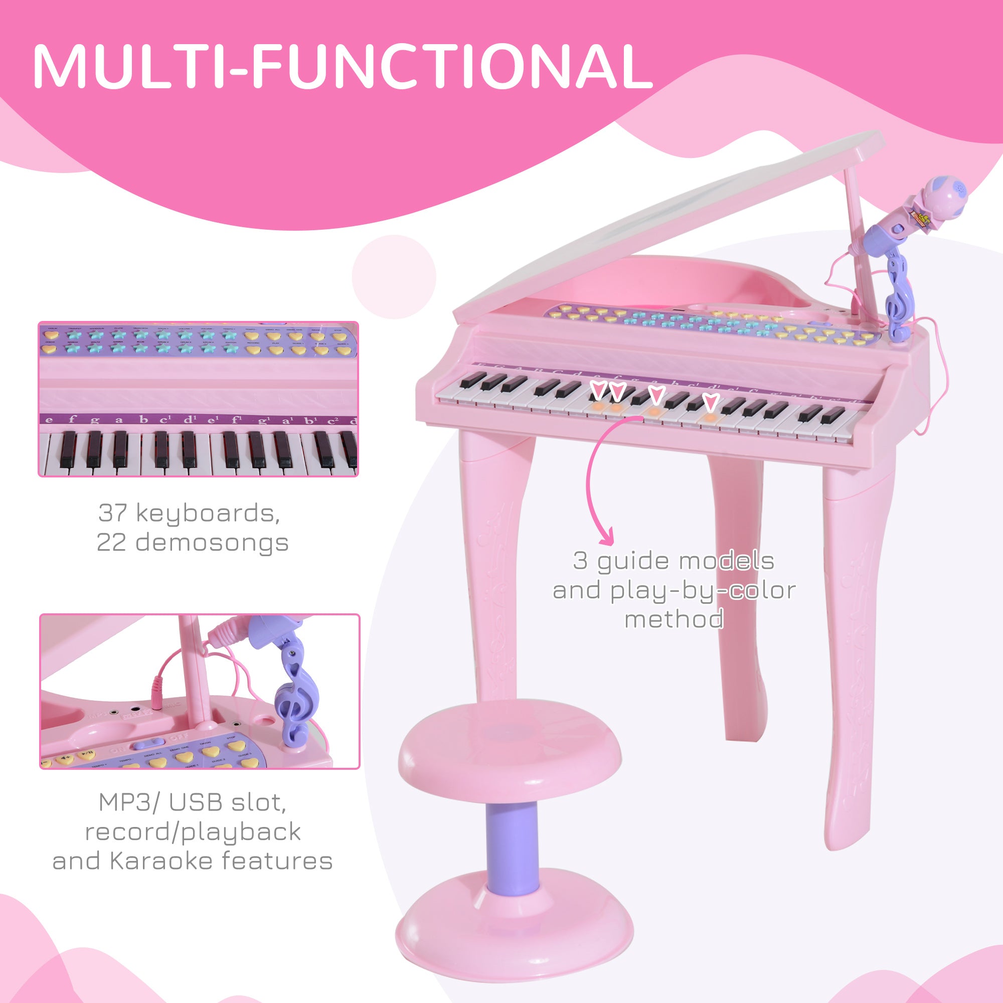 Qaba Mini Electronic Piano: 37-Key Keyboard, Multifunctional Musical Toy with Microphone, Stool for Kids - Pink 
