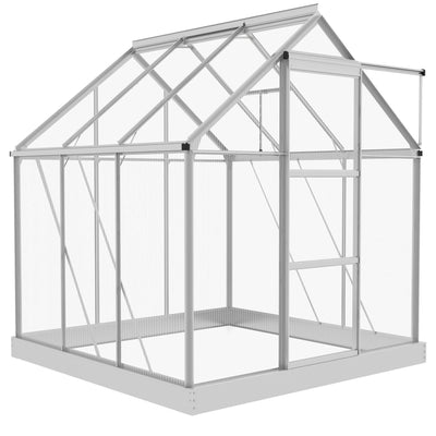 Outsunny Walk-In Greenhouse 6' x 6' Polycarbonate Aluminium Frame Sliding Door Window Foundation Silver 