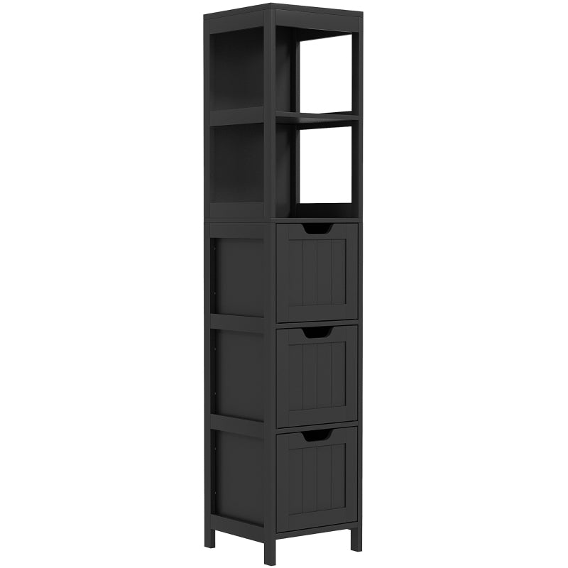 Narrow Bathroom Cabinet with 3 Drawers and 2 Tier Shelf, Tall Cupboard Freestanding Linen Tower, Black