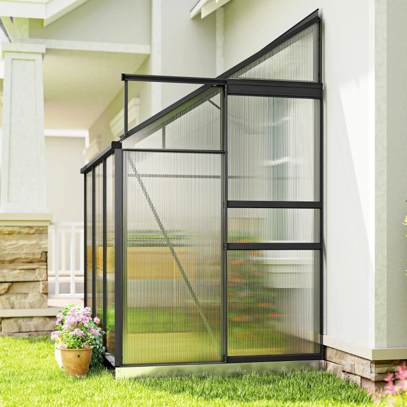Aluminum Lean-to Greenhouse Polycarbonate Walk-in Greenhouse with Rain Gutter and Sliding Door, 6' x 4', Dark Grey