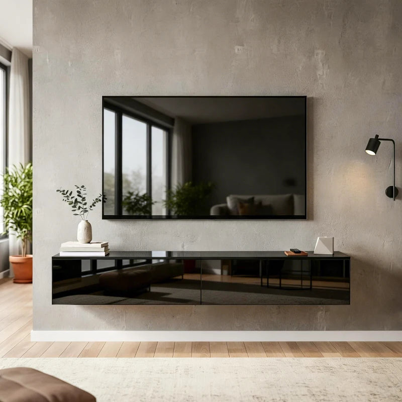 Floating TV Stand for TVs up to 75 Inch, 70.9" TV Cabinet, Entertainment Center with 2 Flip Doors, High Gloss Black
