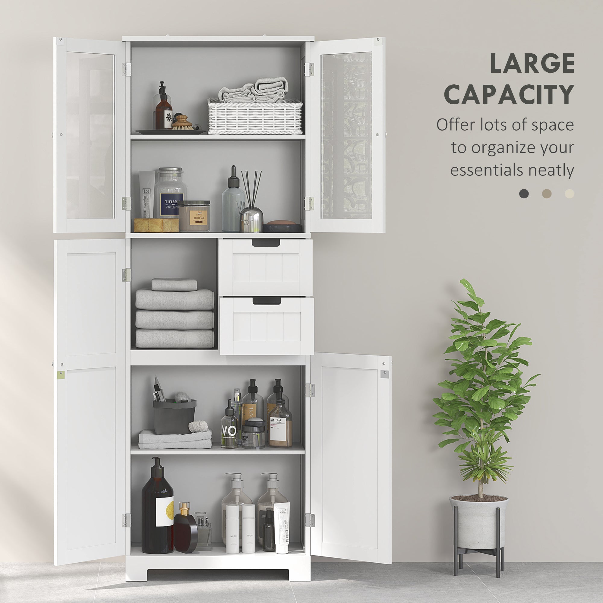 HOMCOM Tall Bathroom Storage Cabinet, Floor Bathroom Cabinet with Adjustable Shelves, for Kitchen, Living Room, White 