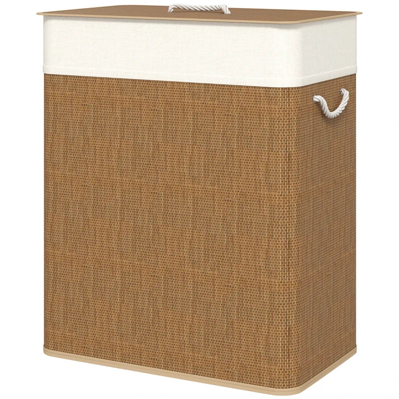 Double Laundry Basket with Lid, 100L Bamboo Laundry Hamper with Rope Handles and Removable Bags, Brown