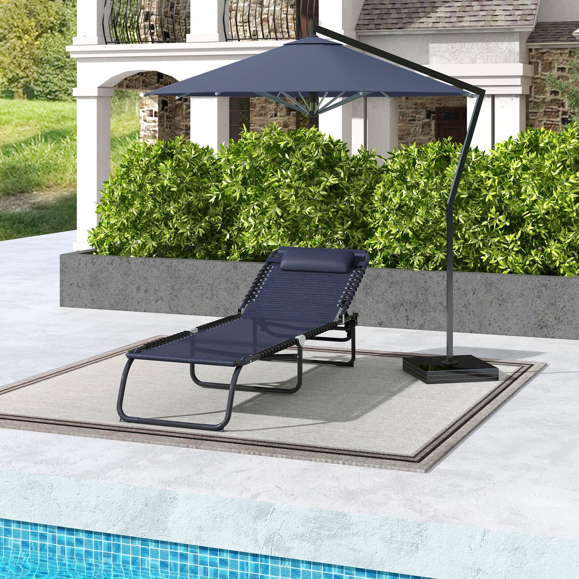 Outsunny Folding Lounge Chair, Adjustable Chaise Lounge with Headrest, Reclining Lounger Cot for Camping, Hiking, Dark Blue 