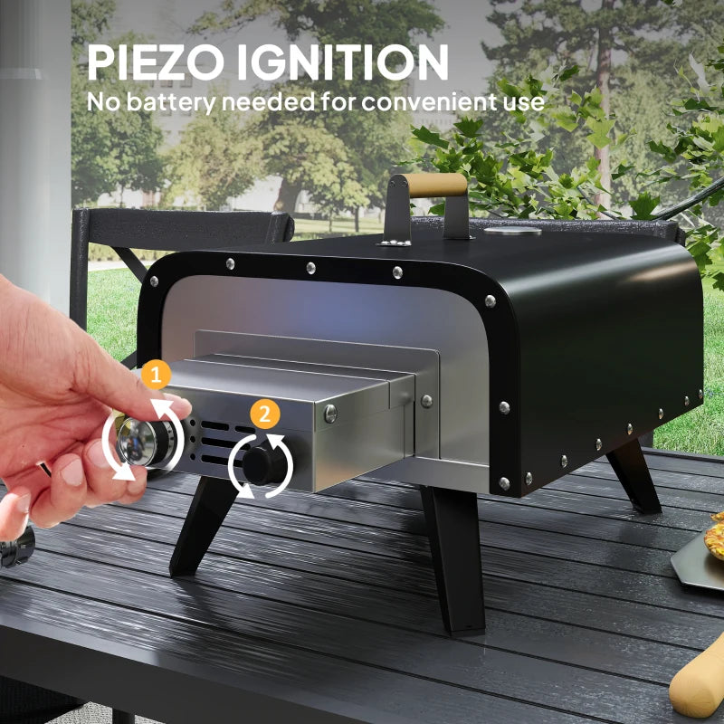 Outdoor Tabletop Gas Pizza Oven with 12" Stone and Peel, Portable Pizza Oven Maker with Thermometer, Foldable Legs, Handle, Gas Hose and Regulator, Black