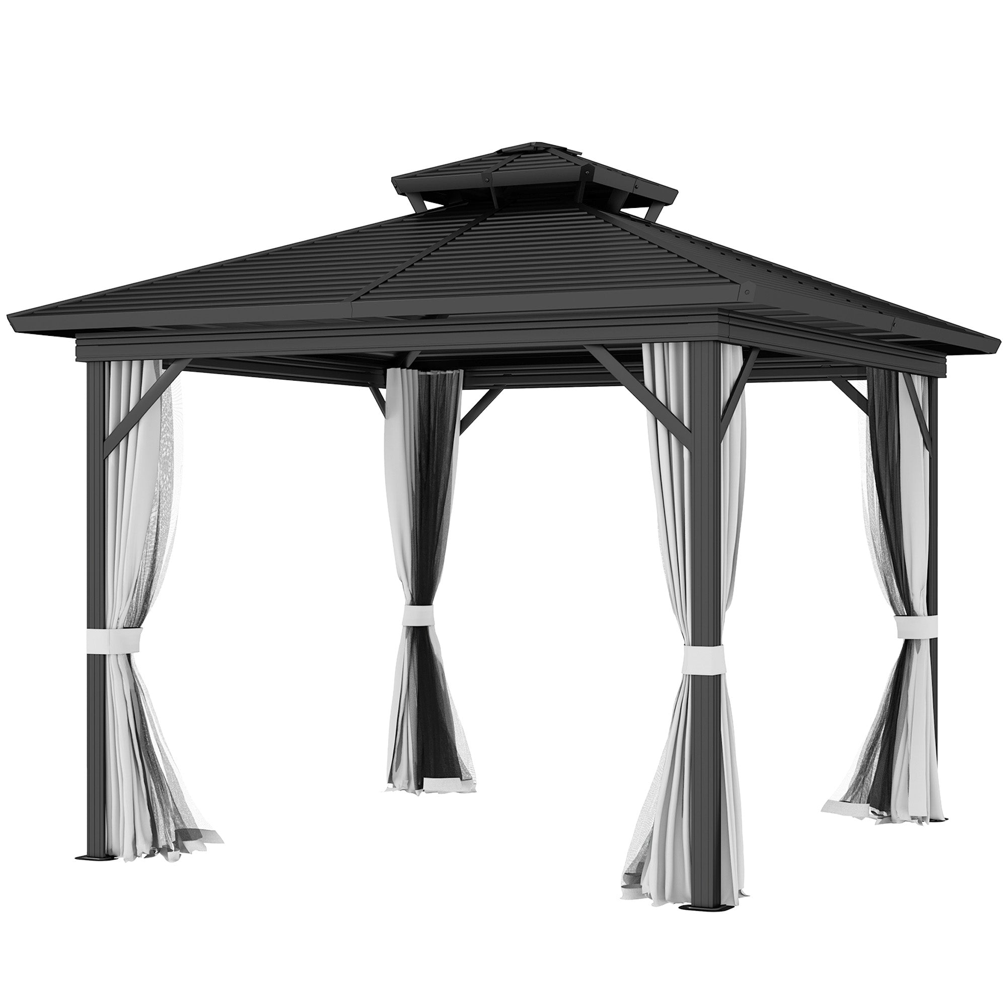 Outsunny 10' x 10' Hardtop Gazebo, Sun Shelter with Double Tier Metal Roof, Mosquito Netting, and Hanging Hook, Light Grey 