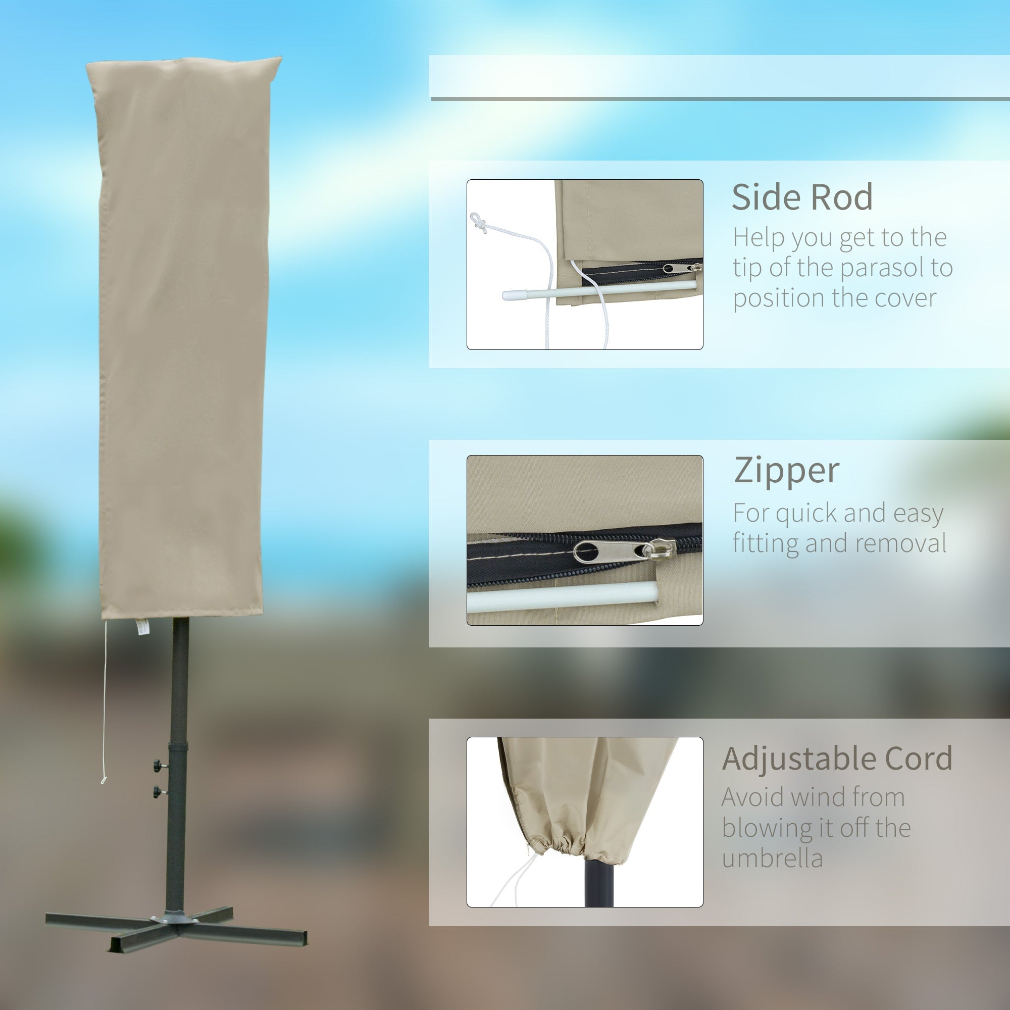 Outsunny Garden Parasol Cover, Outdoor Cantilever Umbrella Cover with Zipper, Khaki 