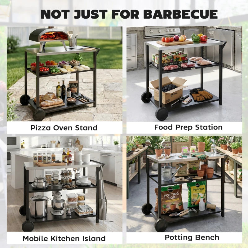 Outdoor Grill Cart with Stainless Steel Tabletop, 3-Tier BBQ Stand, Movable Food Prep Table on Wheels, Black
