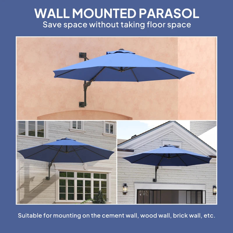 9.6 x 9.6 ft Wall Mounted Umbrella with Rotate, Patio Market Umbrella Parasol for Outdoor with Crank, Dark Blue