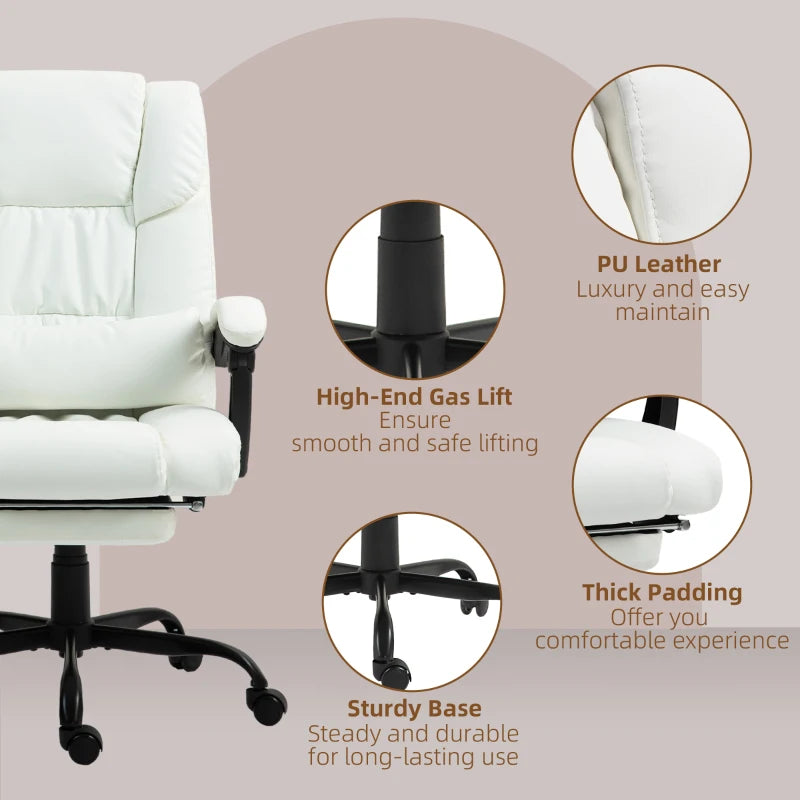 6-Point Vibration Massage Chair, Height Adjustable Reclining Computer Chair with Retractable Footrest, White