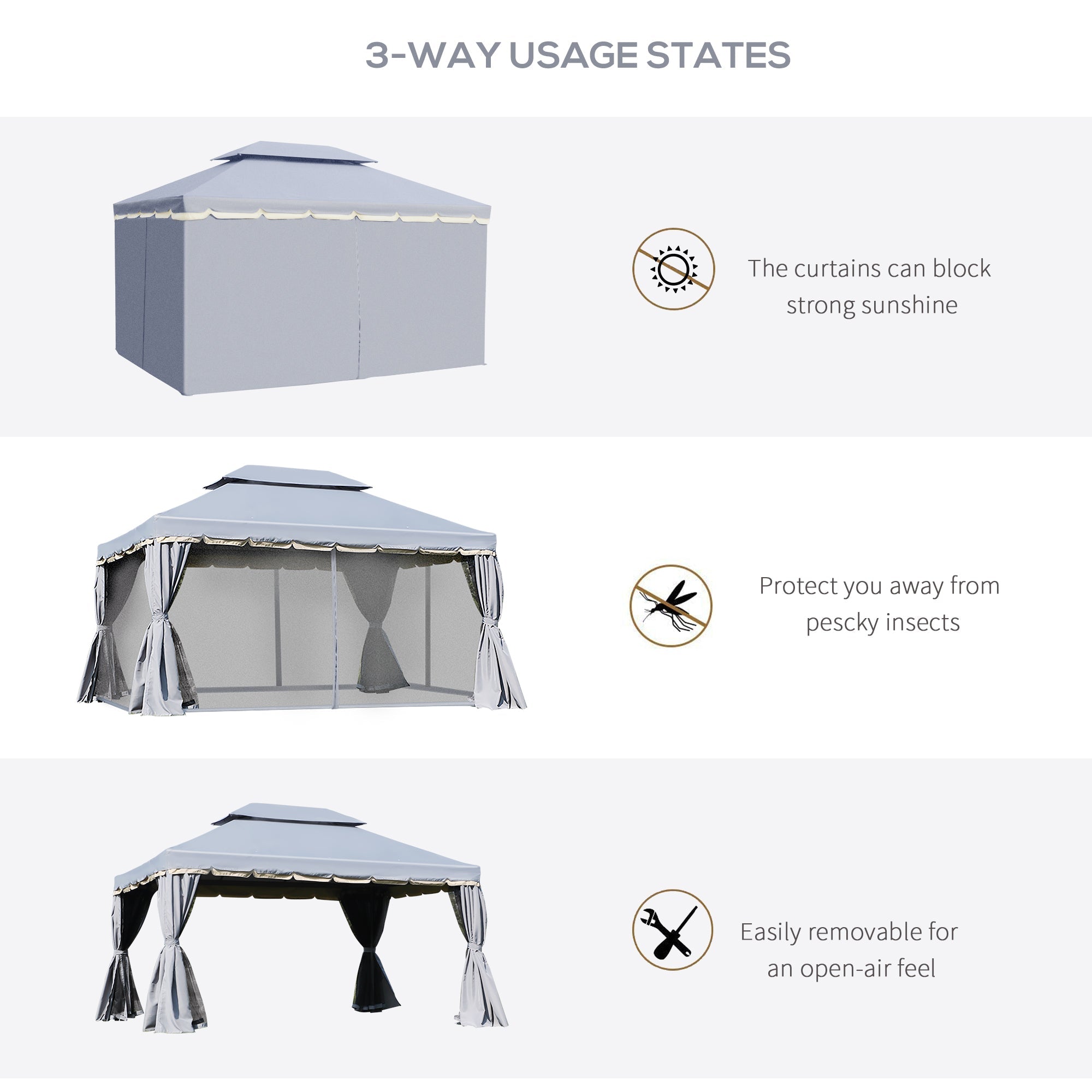 Outsunny 13' x 10' Outdoor Patio Gazebo Canopy with 2-Tier Polyester Roof, Vented Mesh Sidewall & Strong Aluminum Frame, Grey 