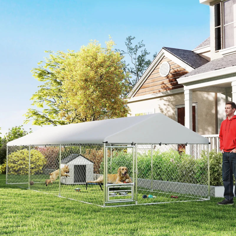 Outdoor Dog Run w/ Adjustable & Rotating Bowls, Water-Resistant UV-Resistant Cover, Secure Lock, 19.7' x 7.5' x 5.2'