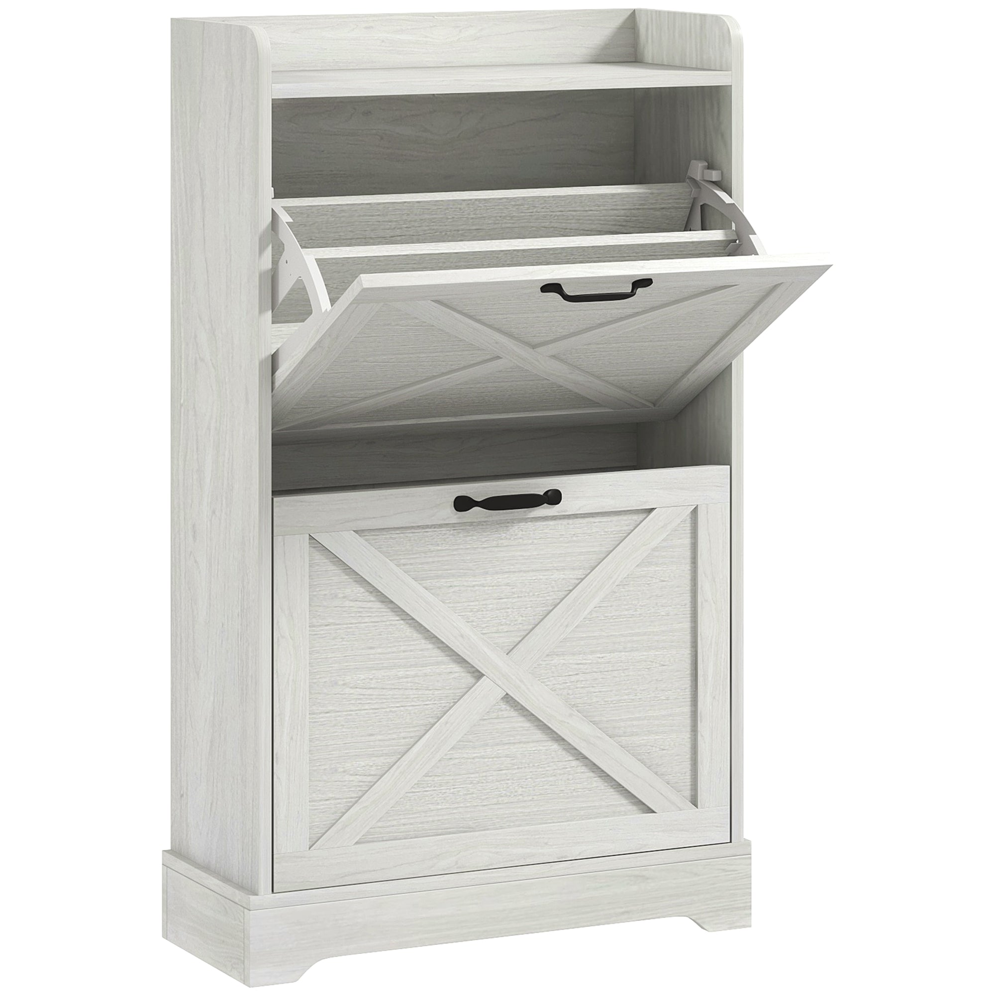 HOMCOM Slim Shoe Storage Cabinet, Farmhouse Shoe Cabinet with 2 Flip Drawers, Adjustable Shelves for 8 Pairs, Distressed White 