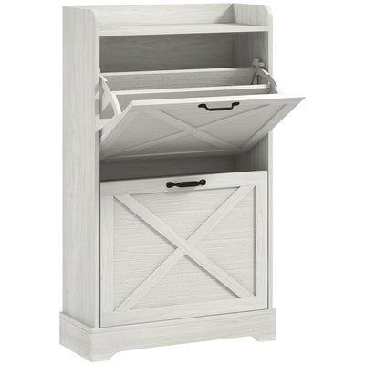 HOMCOM Slim Shoe Storage Cabinet, Farmhouse Shoe Cabinet with 2 Flip Drawers, Adjustable Shelves for 8 Pairs, Distressed White 
