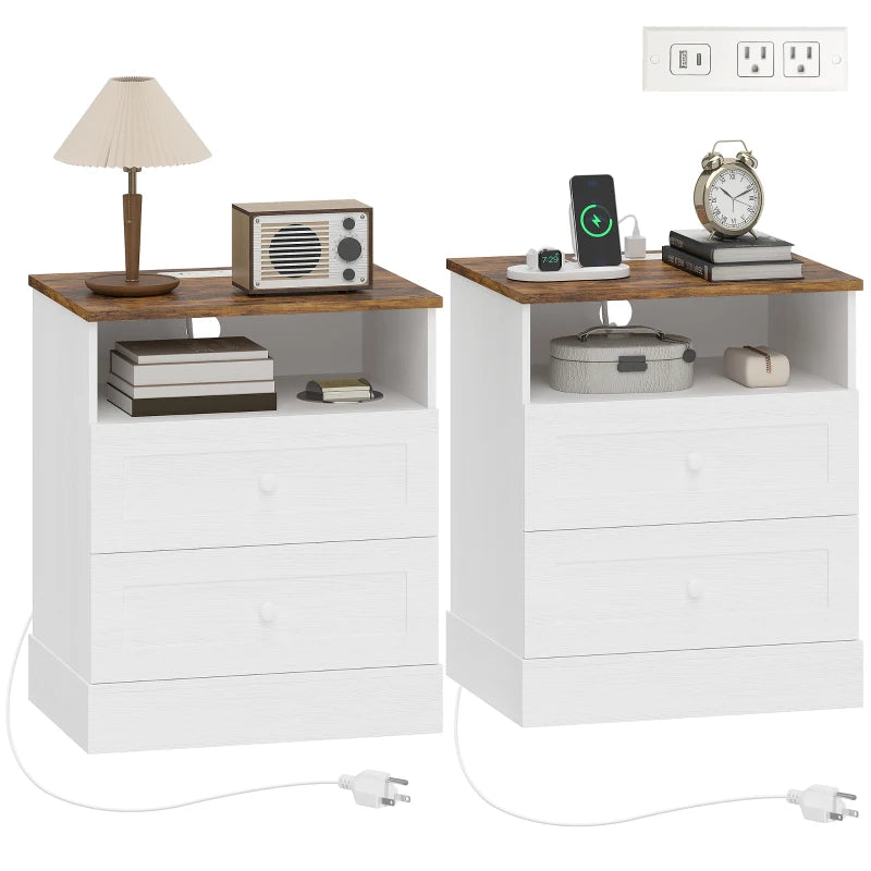 HOMCOM Nightstand Set of 2 with Charging Station, Bedside Tables with 2 Drawers, Open Shelf, AC Outlets, USB & USB-C Ports, White & Oak