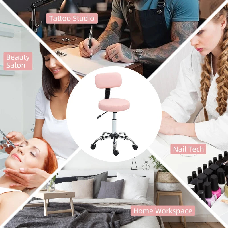 Adjustable Rolling Stool with Removable Backrest, Faux Leather Swivel Stool Chair for Salon Spa, Bar, Massage, Pink