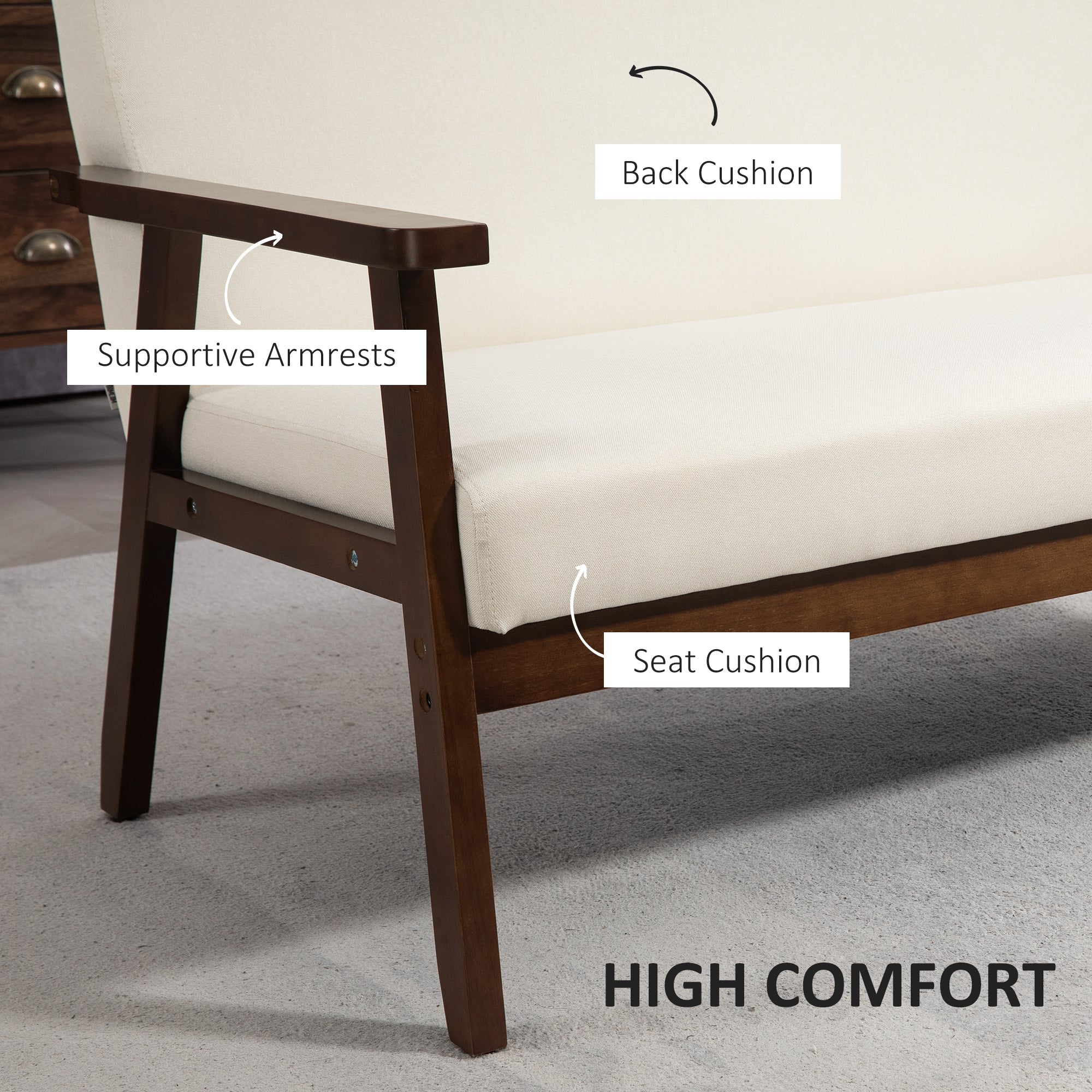 HOMCOM Compact Loveseat Sofa Couch Linen Fabric Double Seat Sofa with Rubber Wood Legs Cream White 