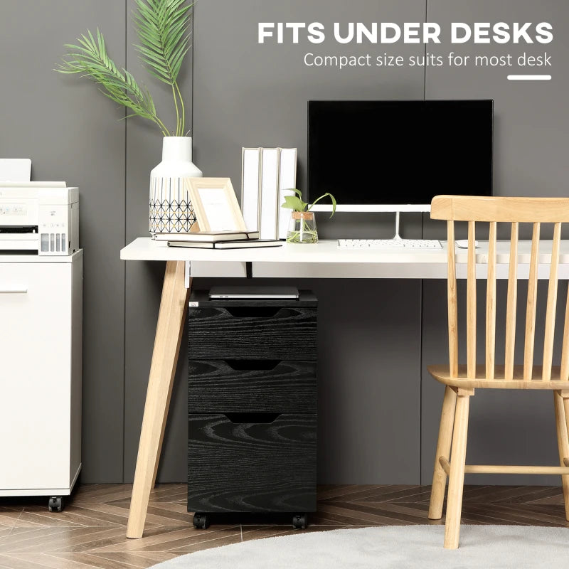 Vertical Filing Cabinet, 3 Drawer Mobile File Cabinet, Under Desk Office Storage Cabinet with Wheels, Black Wood Grain