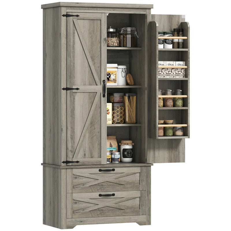 Farmhouse Kitchen Pantry Storage Cabinet, 64" Freestanding Kitchen Pantry Cabinet with Drawers, Distressed Grey