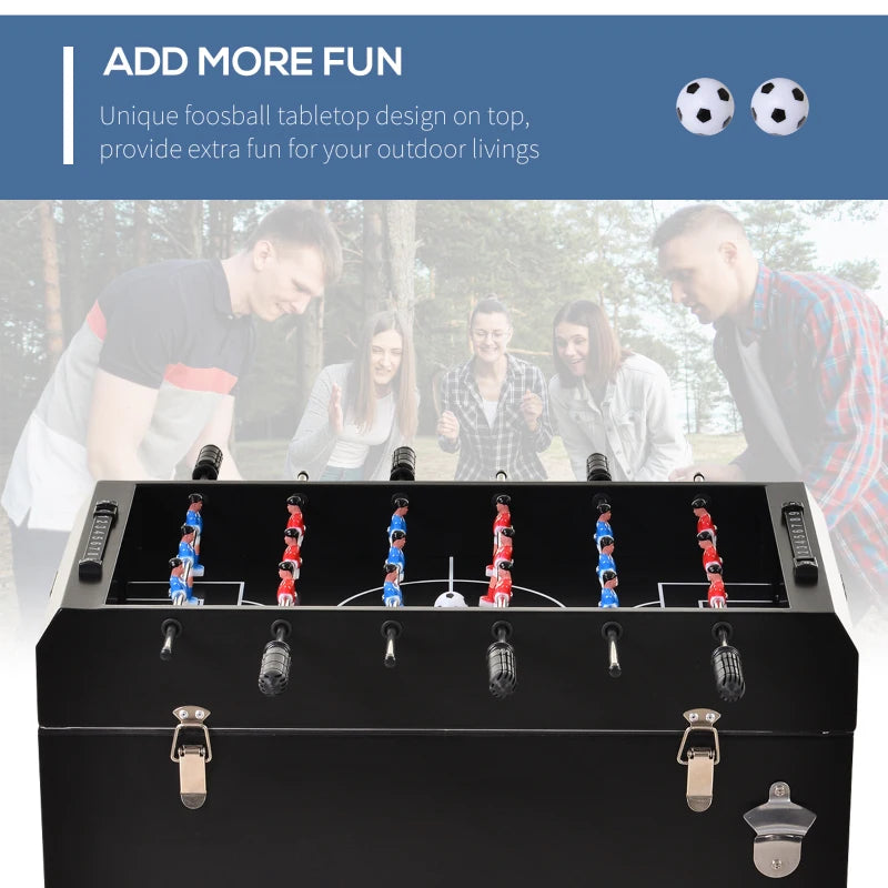 68QT Patio Cooler Ice Chest with Foosball Table Top, Portable Poolside Party Bar Cold Drink Rolling Cart on Wheels with Tray Shelf Black