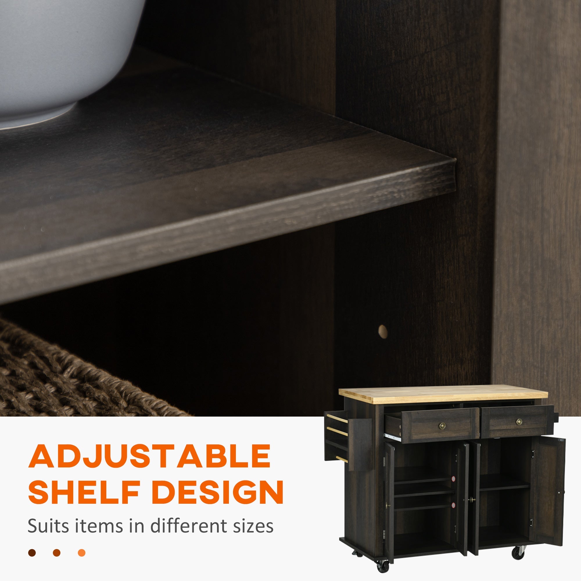 HOMCOM Rustic Kitchen Trolley: Rubber Wood Top, Spice Rack, Towel Rail for Functionality, Oak Brown 