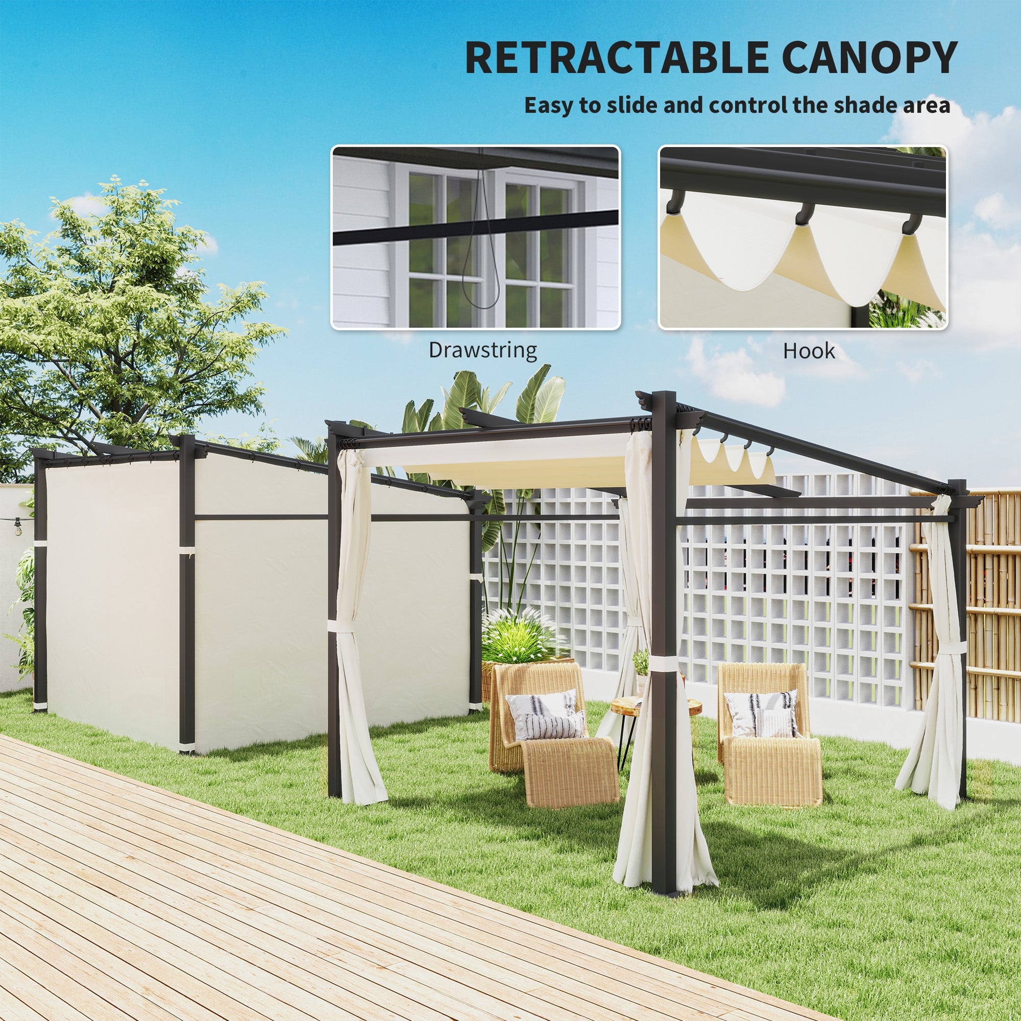 Outsunny Metal Pergola with Sliding Roof Canopy, Retractable Pergola Canopy, 10' x 10', Beige 