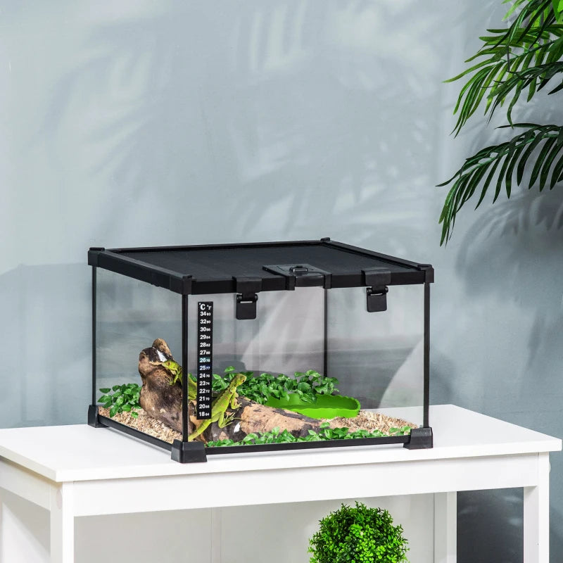 Glass Reptile Terrarium with Thermometer, Water Basin, Full View Visually for Lizards, Horned Frogs, Snakes, Spiders